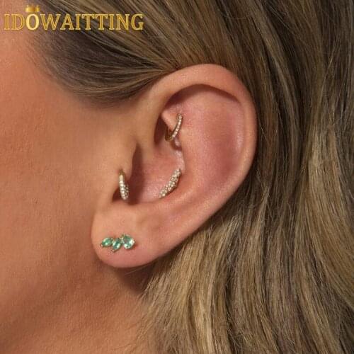 Gold Plated Vermeil Jewelry Delicate Dainty Multi Piercing Water Drop 925Sterling Silver Triple Green CZ Curved Bar Stud Earring