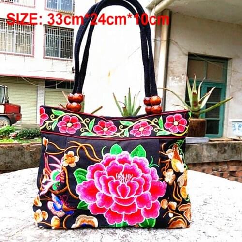 Embroidery Ethnic Shoulder Bag Women Fashion Zipper Bags Handmade Vintage Embroidered Canvas Wood Beads Handbag