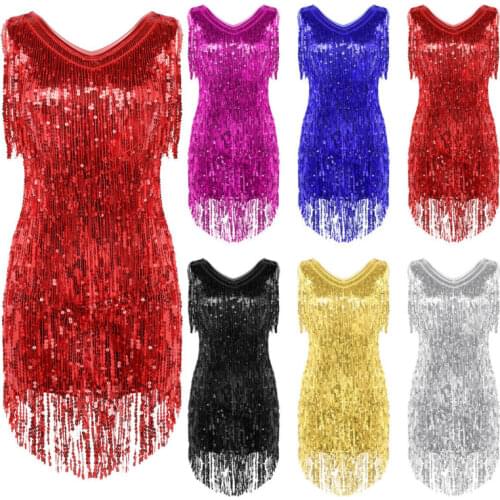 Womens Sequin Latin Salsa Tango Rumba Cha Cha Ballroom Dance Dress Skirt Tassel