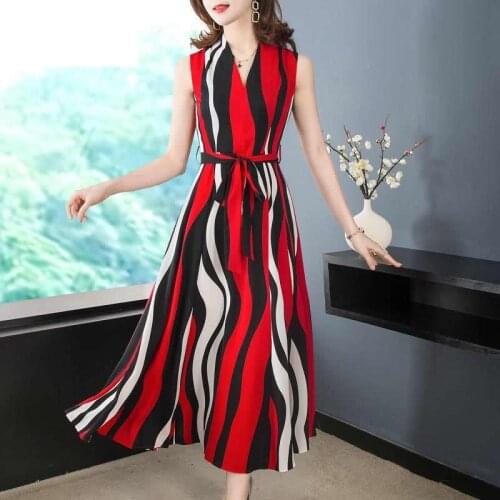 Plus Size Fashion Womens Summer Sleeveless Dress V-neck Striped Print Chiffon Beach Dress Slim Belt Bohemia Long Dresses KW478