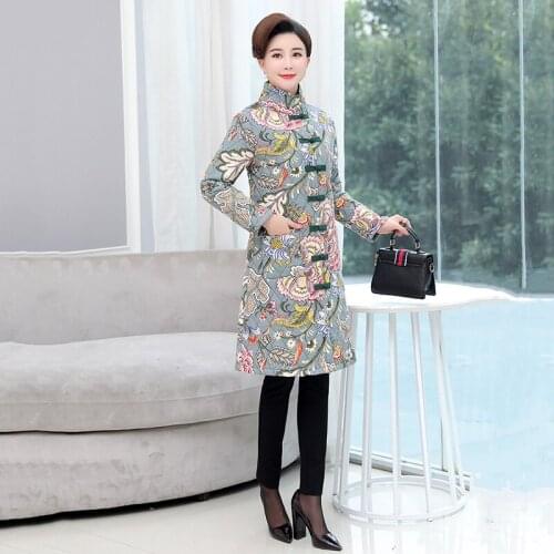 Winter Middle-aged Mother Cotton Coat Women Single-breasted Printed Padded Coat Thick Long-sleeved Straight Cotton Clothing Q259