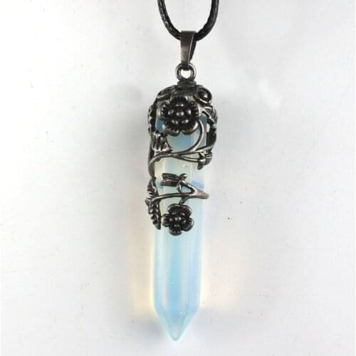 100-Unique Silver Plated Hexagonal Prism Inlay Flower Leaf Opalite Opal Pendant Fashion Jewelry