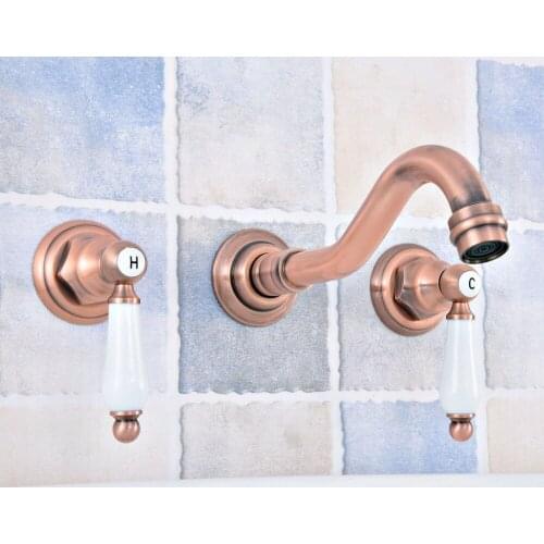 Antique Red Copper Brass Widespread Wall-Mounted Tub 3 Holes Dual Ceramic Handles Bathroom Tub Sink Faucet Mixer Tap asf526