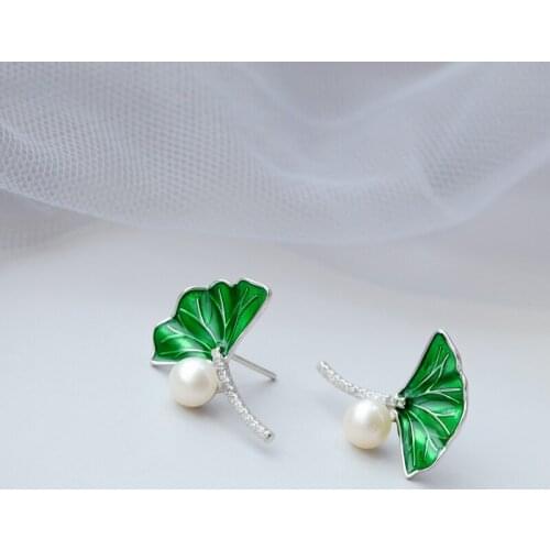 Authentic 925 Sterling Silver Fashion Green Gingko Leaf Earring Inlaid Natural Freshwater Pearl Earring National Style Jewelry