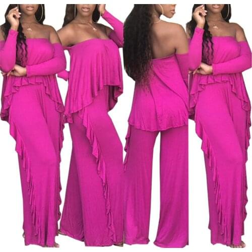 BAMBOOBOY Women Sexy Deep Slash Neck Off Shoulder Ruffle Blouse Loose Pants Suit Casual Club Two Piece Set ZL940