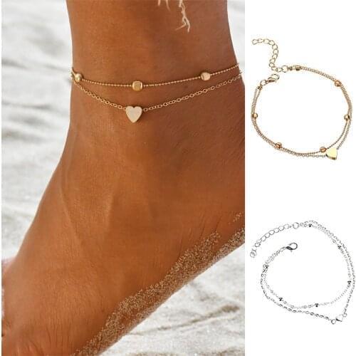 Y30 Two Layers Chain Heart Style Gold/silver Color Anklets For Women Bracelets Summer Barefoot Sandals Jewelry On Foot Leg Chai