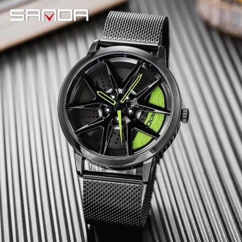 SANDA 2021 Mens Wheel Watch Sports Car Contour Stainless Steel Mesh Racing Wheel Mens Waterproof Quartz Creative Watch P1071