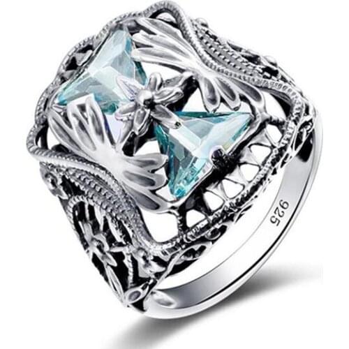 Hainon Fashion Antique Silver Color Rings For Women Punk Style Lady Flower Sky Blue Zircon Engagement Ring Christmas Day Gifts