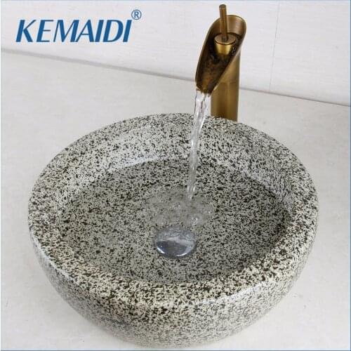 KEMAIDI Luxury Bathroom Sink Hand Paint Washbasin Tempered Ceramic Basin Sink With Waterfall Faucet Taps Vessel Water Drain Set