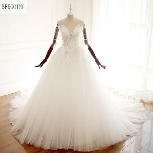 White Lace Appliques V-Neck 3/4 Sleeves Floor-Length Ball Gown Wedding dress Chapel Train Custom made