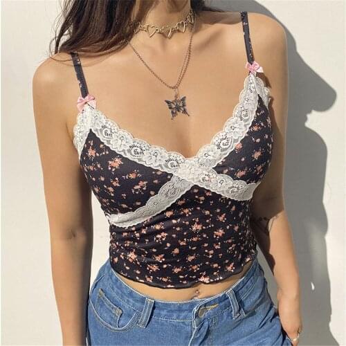 Summer Women Sweet Floral Print Crop Tops Kawaii Bow Lace Trim Sleeveless High Waist Camisole 2021 OOTD