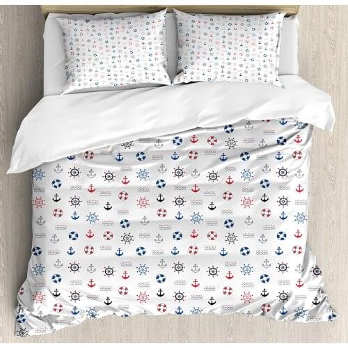 Nautical Duvet Cover Set Marine Elements Featured Lifebuoy Anchor Compass Sea Waves Kids Nursery Theme Decorative 3 Piece Bed