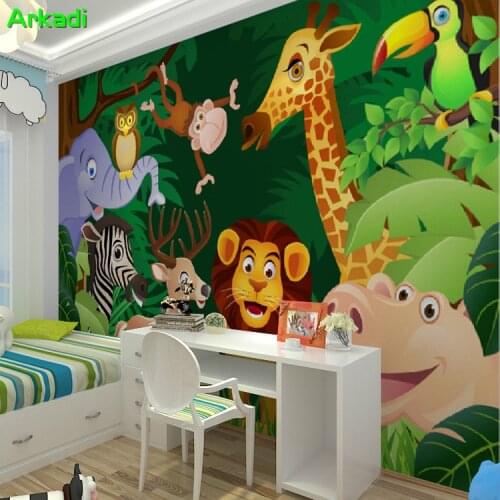 Cartoon children room cute animal boy baby room mural green forest living room bedroom bedside background wallpaper