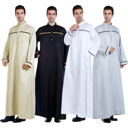 Muslim Long Sleeve Islamic Mens Fashion Solid Color Robe Arabic Kaftan Saudi Dubai Clothing Men Worship Abaya