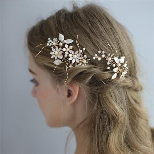 Gold Flower Bridal Hair Pins Set Accessories Handmade Pearls Women Jewelry Vintage Wedding Hair Piece