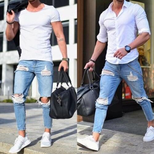 New Mens Denim Pant Stretch Destroyed Ripped Design Fashion Ankle Pants Zipper Skinny Jeans For Men Plus Size Jeans