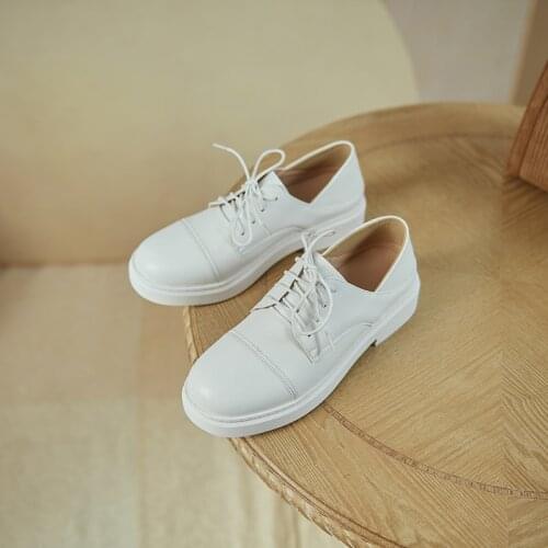 Osunlina Woman Flats Black White Easy-match Lace Up Round Toe 3cm High Square Heels Casual Lady Shoes Handmade Plus Size 32-43