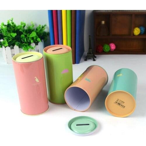 Retro Tinplate Cylinder Candy Color Piggy Bank Cartoon Zoo Animal Patterns Money Saving Box Reward Penholder Coin Cash Storage