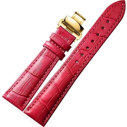 Pink and red leather strap, crocodile grain, womens watch belt, leather belt, metal butterfly button, 12141618 20mm