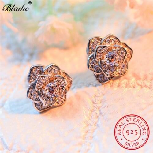 Valentine Day Cute Rose Flower Earring 925 Sterling Silver Crystal Ear Stud Earrings For Women Bridal Wedding Fine Jewelry