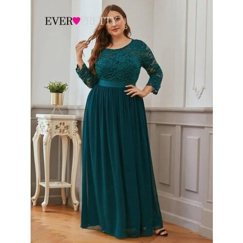 Plus Size Evening Dresses Long Ever Pretty EP07412 Elegant Long Sleeve A-line Lace Chiffon Green Winter Wedding Guest Dresse
