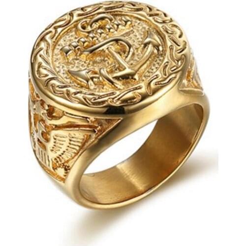 Anchor Signet Rings for Men Size 7-13 Top Quality Punk Style Stainless Steel Gold Color Man`s Jewerly Navy Rings