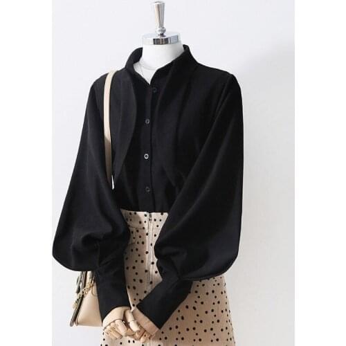 Loose Vintage Chiffon Women Shirts Summer New 2021 Bow Neck Lantern Sleeved Solid Elegant Office Lady Work Outwear Tops