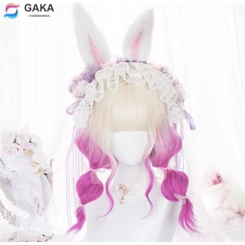 GAKA Cosplay Wigs with Bangs for Women Medium Length Curly Synthetic Hair Lolita Style Beige Gradient Pink/Green Wig