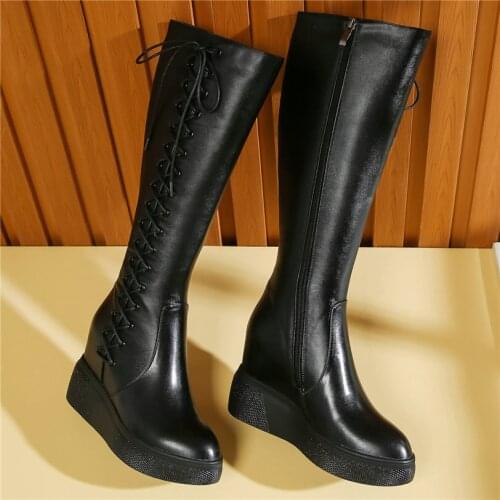 Winter Thigh High Fashion Sneakers Women Lace Up Genuine Leather Knee High Motorcycle Boots Female Wedges High Heel Pumps Shoes