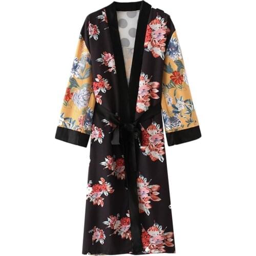Women Flower Print Kimono Cardigan Blouse Bandage Summer Holiday Beach Cover Up Boho Long Loose Casual Shirts Robe with Belt