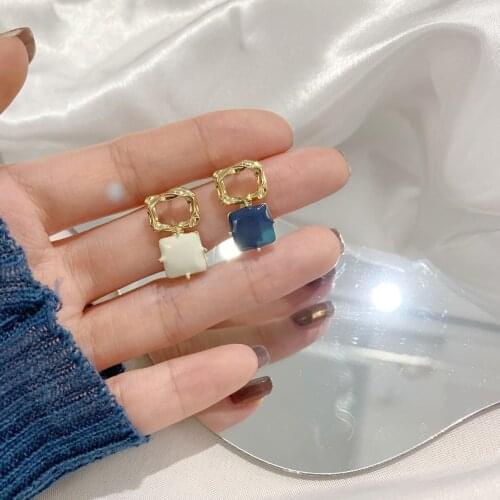 2021 New Arrivals Enamel White Blue Square Stud Earrings For Women Korean Fashion Irregular Geometric Clip On Earring Wholesale