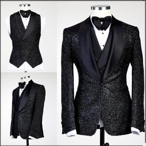 Glitter Black Sequins Mens Suits Groom Wear Wedding Blazer Tuxedos Formal Business Prom Pants Coat Jacket 3 Pieces