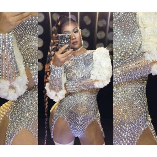 Super Pearls Rhinestones Flower Bodysuit Sexy Performance Female Singer Leotard Stage Wear Birthday Dance Wear Stretch Outfit