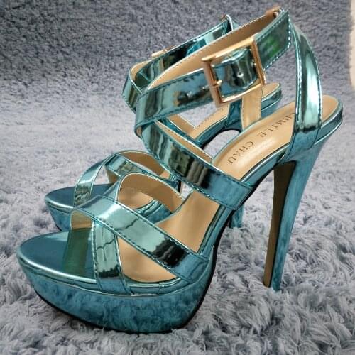 Sexy Turquoise Patent High Heel Party Women Sandals Summer New Open Toe Buckle Ankle Strap Stiletto Platform 14cm Heels Shoe