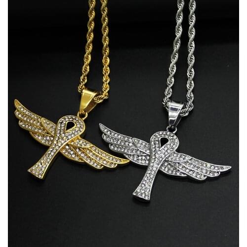 Egyptian Iced Out Wings Ankh Cross Pendants For Men Women Hip Hop Chain Necklace Stainless Steel Jewelry Dropshipping