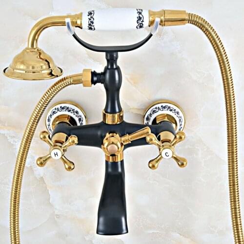 Black Gold Color Brass Wall Mount Bathroom Tub Faucet Dual Cross Handles Telephone Style Hand Shower Clawfoot Tub Filler ana461
