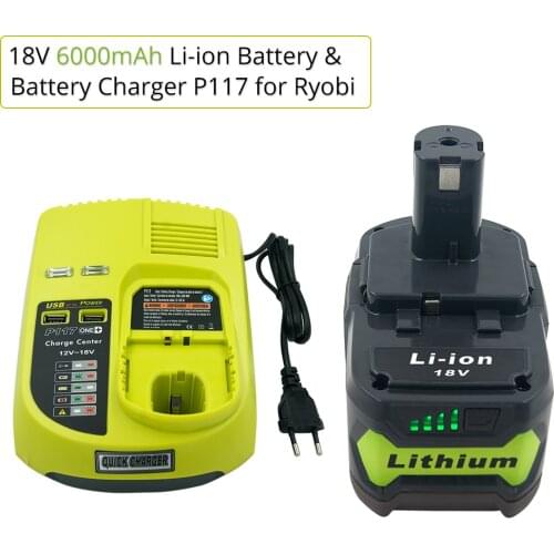 For Ryobi ONE+ 18V 6.0Ah Li-Ion Rechargeable Battery P108 + New P117 Charger for Ryobi 9.6V-18V Ni-Cad Ni-Mh Li-ion Battery