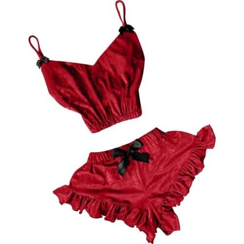 Women V-neck Velvet Sexy Stain Camisole Pajamas Bowknot Shorts Set Pajamas