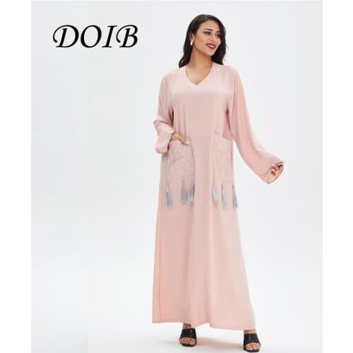 DOIB Women Pink Abaya Long Robe Dubai Muslim Arabic Dress Turkey Islam Ramadan Eid Tassel Robe Longue Musulman Kafan Dress