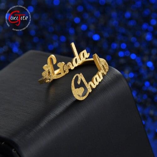 Goxijite 2021 Trendy Custom Frosted Name Rings For Women Personalized Double Names Adjustable Stainless Steel Ring Couple Gift