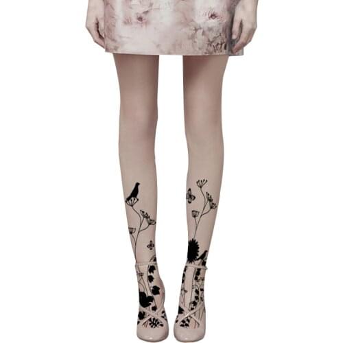 Flower And Bird Silhouette Printing Pantyhose Bottoming