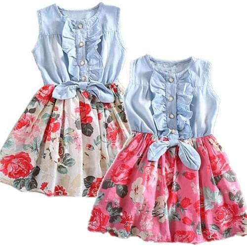 Summer Girls Dress 3 4 5 6 7 8 9 Years Princess Denim Floral Stitching Sleeveless Dresses Bowknot Ruffle Dress For Girl Clothes