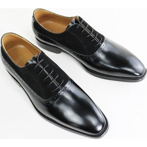 Men Fashion Square Toes Genuine Leather Lace Up Dress Shoes Men All Season Mixed Color Handmade Casual Leather Dress Shoes