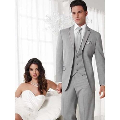 Custom Made Two Buttons Groom Tuxedos Light Grey man Notch Lapel Groomsman Men Wedding Suits Bridegroom (Jacket+Pants+Tie+Vest)