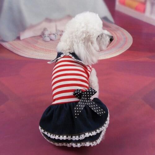 Pet Clothes Dog Skirt Splicing Striped Double Defined Waist Spring Summer Cat Clothes Yorkshire Paux Bowknot Pet Clothing
