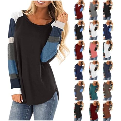 Womens Long Sleeve Tshirt Top Spring Stripe Splicing Top Blusas Women Casual Pink Black White Tee Shirts T-shirt Dropshipping