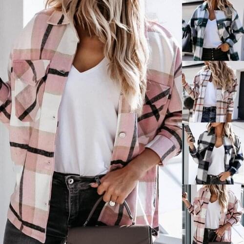 Vintage Stylish Pockets Oversized Plaid Jacket Coat Women 2021 Fashion Lapel Collar Long Sleeve Loose Outerwear Chic Tops