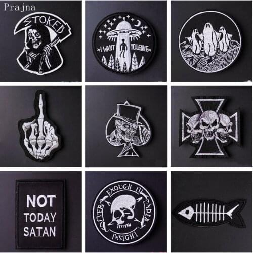 Prajna DIY Iron On Band Patch Iron Embroidered Patches Military UFO Badges Hippie Skull Patches For Clothes Stickers Rock Music