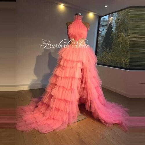 Real Image Peach Pink Tiered Tulle Women Dress To Brithday Party Pretty Hater Side Split Ruffles Prom Gowns Puffy Princess Dress