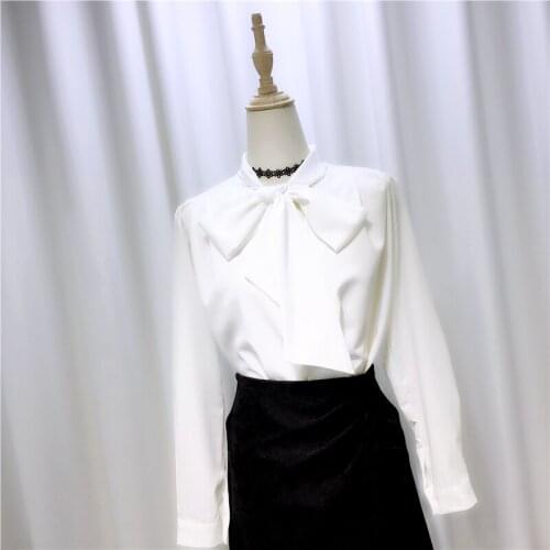 Bow Neck Chiffon Women Blouse Long-Sleeved Solid White Slim Fashion All Match Office Lady Elegant Work Shirts Tops